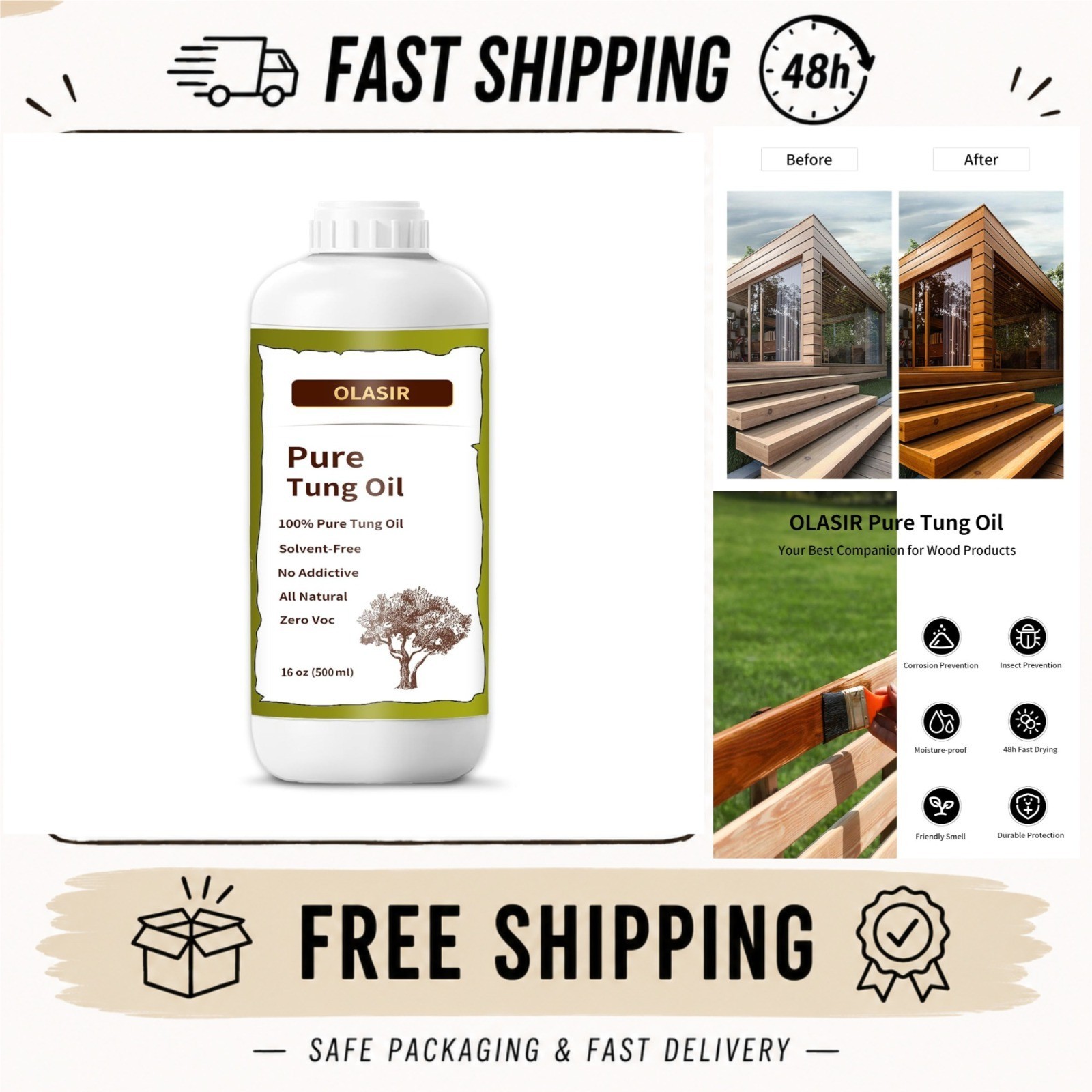 16 oz Natural Pure Tung Oil for Wood Finishing, Food Grade Safe