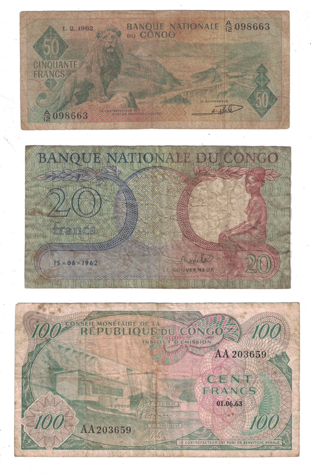 Congo Democratic Republic - (3) Older Banknotes (20, 50, 100 Francs) 1a, 4a, 5a