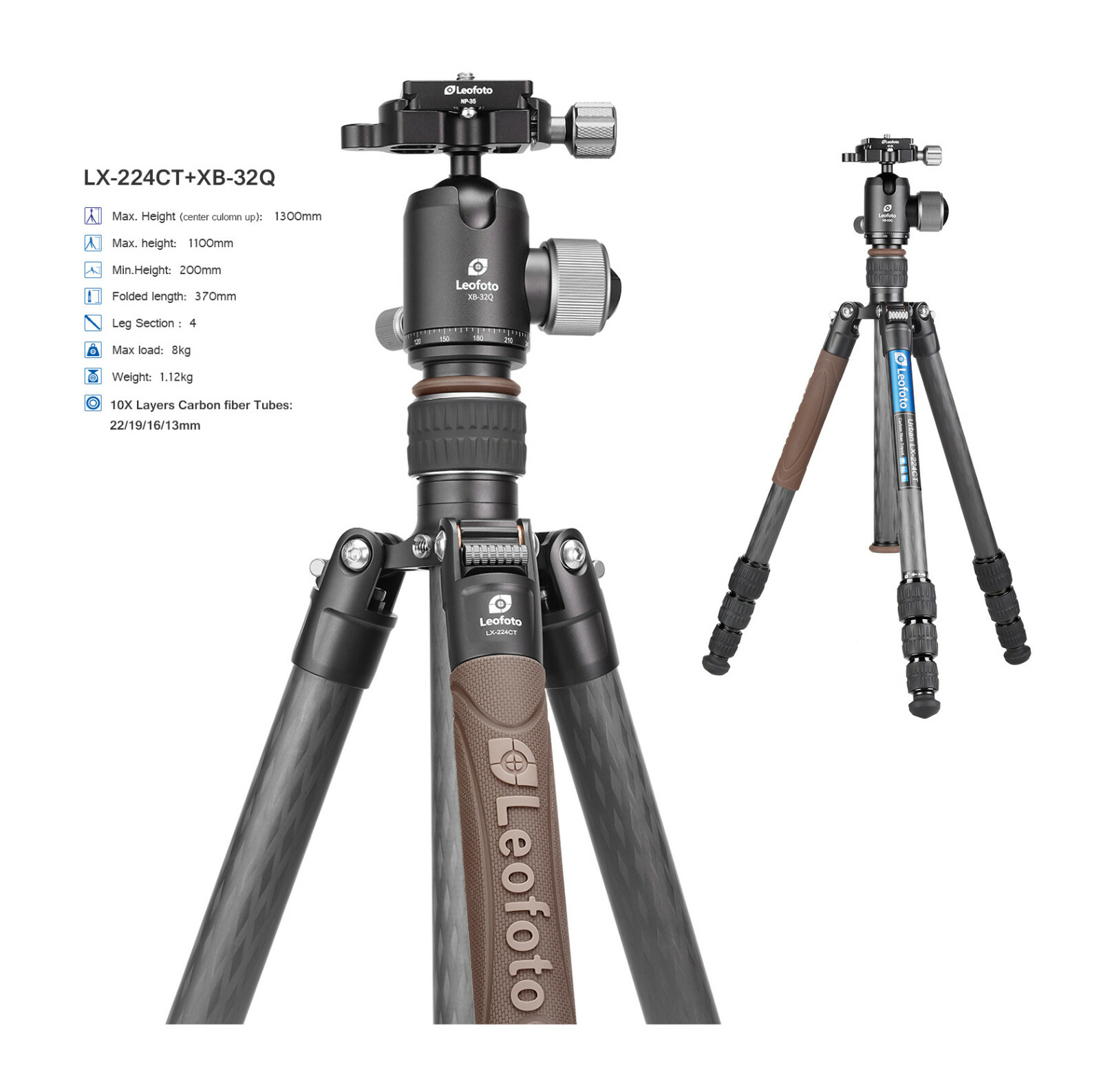 【Leofoto USA】Leofoto LX-224CT + XB-32Q Reversible Travel Tripod with Ball Head