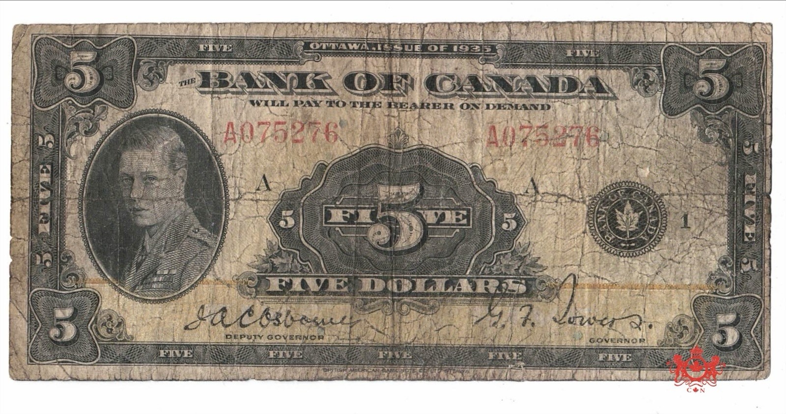 1935 Bank Of Canada 5$ English A075276 - VG/F - Tape B.V 240$