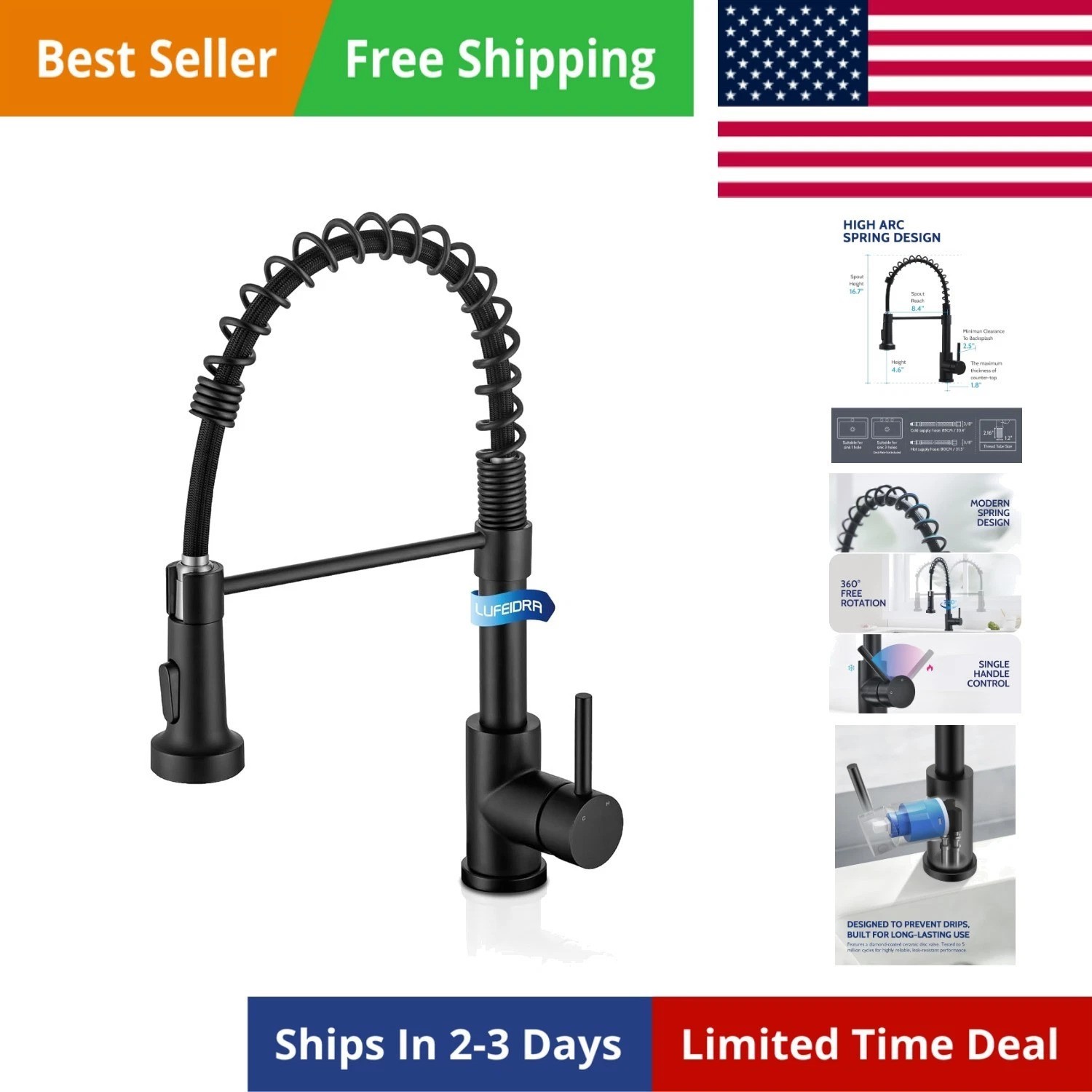 Black Kitchen Faucet with Pull Down Sprayer, High Arc Spring 304 Stainless St...