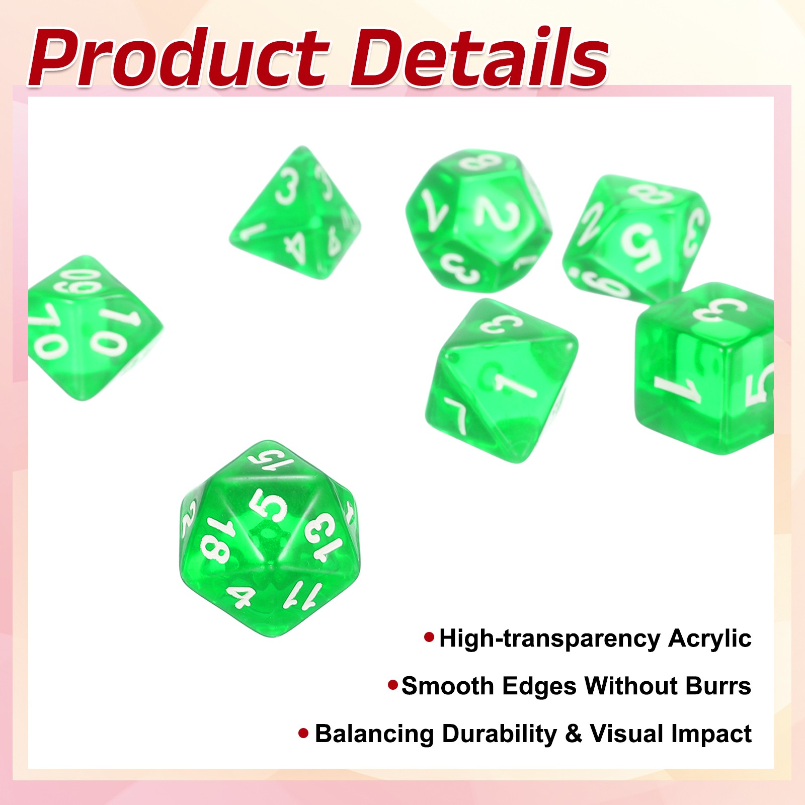 7Pcs Polyhedral Dice for Role Playing Games Transparent Green