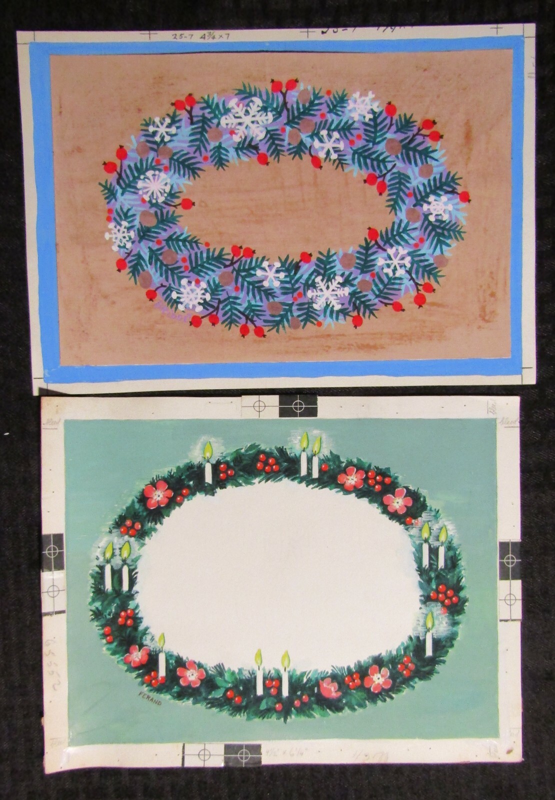 CHRISTMAS Wreaths w/ Snow Flakes & Candles 10.5x8.25" Greeting Card Art LOT of 2