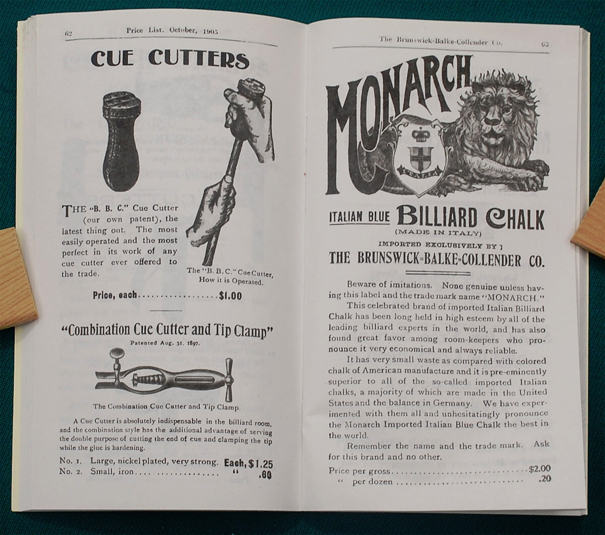 Reproduction of Rare 1905 BBC Billiard Price List/Catalog No. 1488