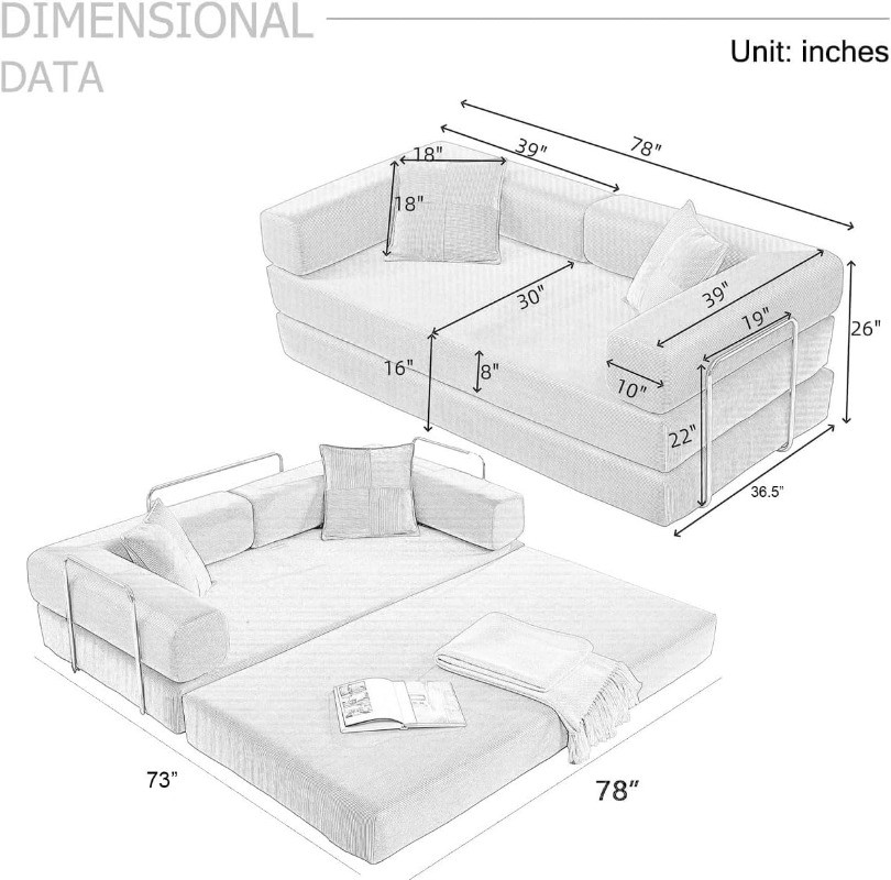 78 Inch Convertible Sleeper Sofa Bed Folding Floor Mattress Couch Lounge