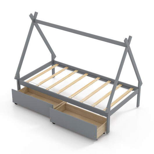 Twin Size Wooden Tent Platform House Bed with 2 Drawers-Gray - Color: Gray - Siz