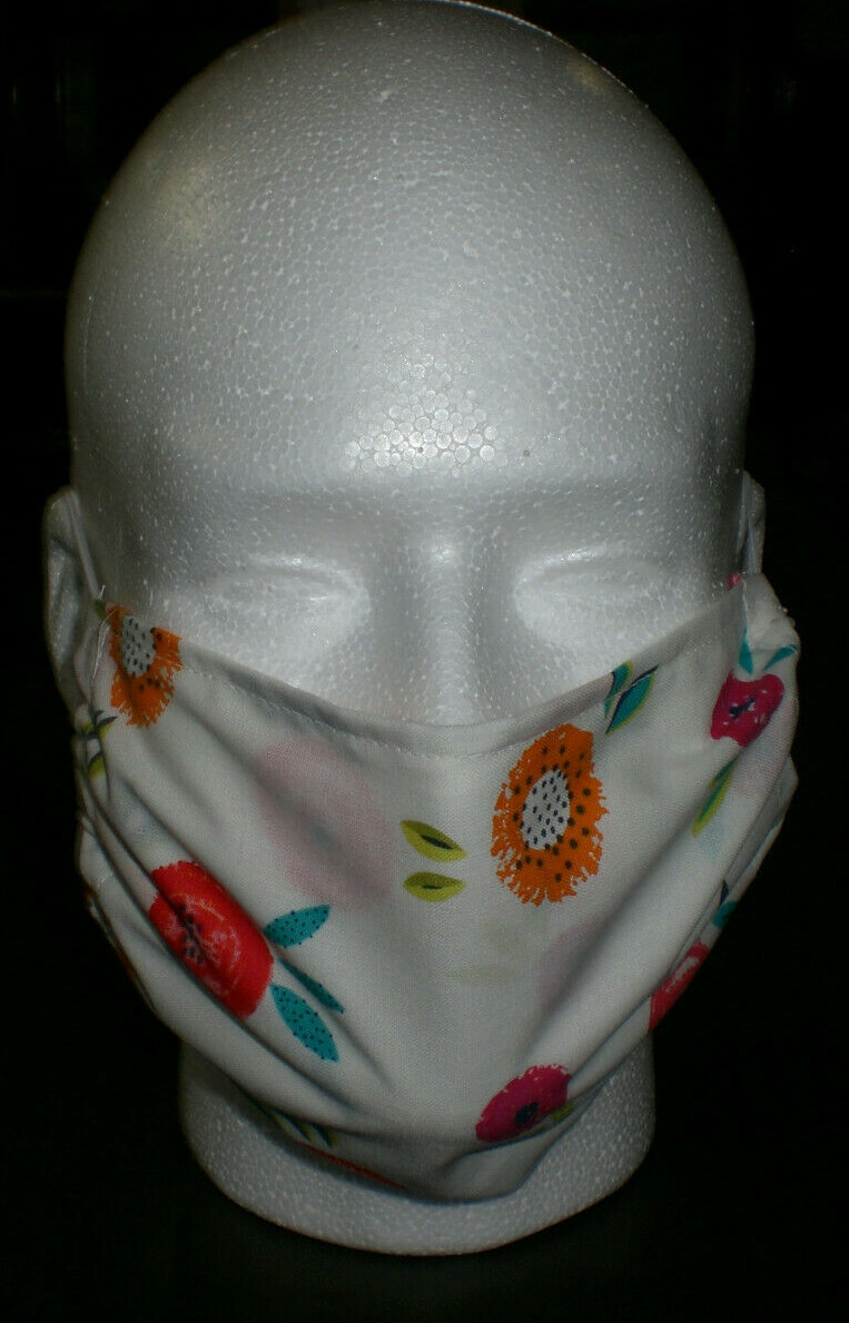 Face Mask White Red Pink Orange Blue Green Floral Pattern Covering 100% Cotton
