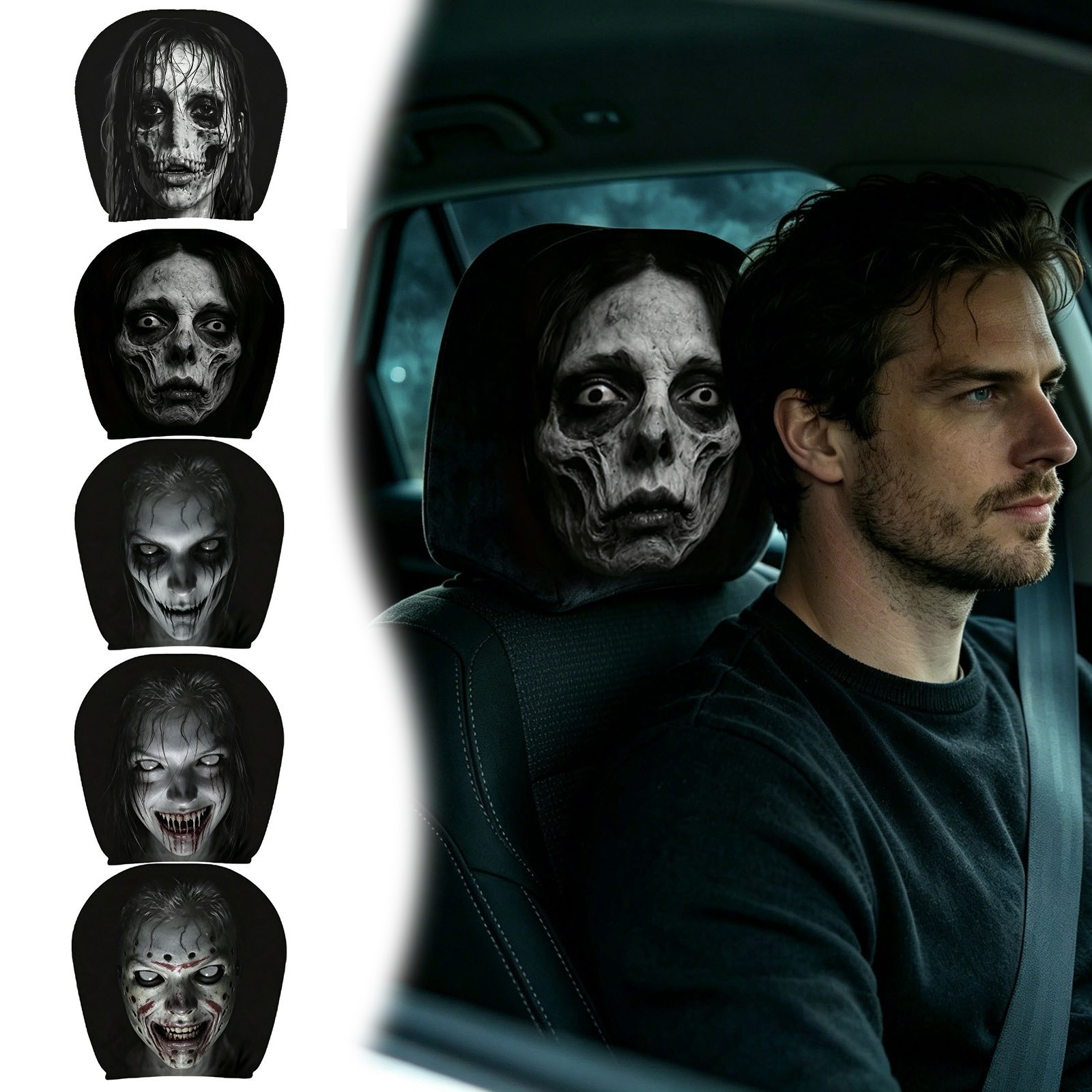 5Pcs Halloween Ghost Face Headrest Covers, Car Stretchy Seat Headrest Protector