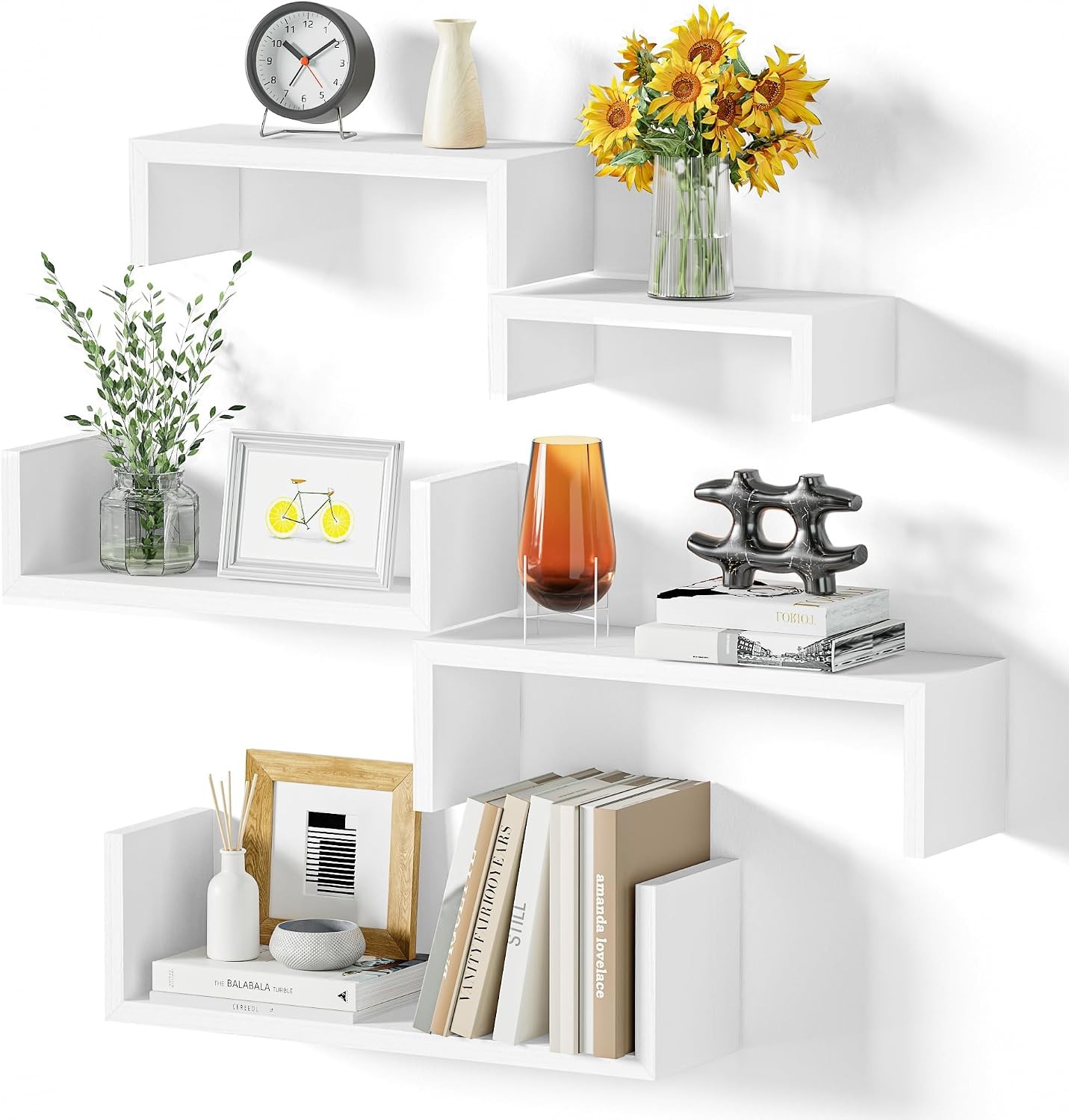 White Floating Shelves Set of 5 Solid Wood Wall Mounted Shelves | Sturdy Rustic