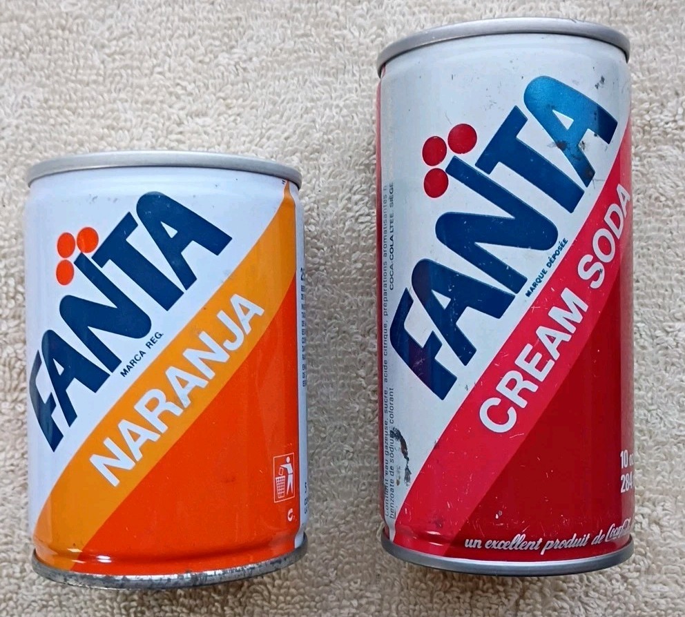 2 VINTAGE FANTA SODA POP CANS 8.5 OZ SPANISH ORANGE - 10 OZ CANADIAN CREAM SODA
