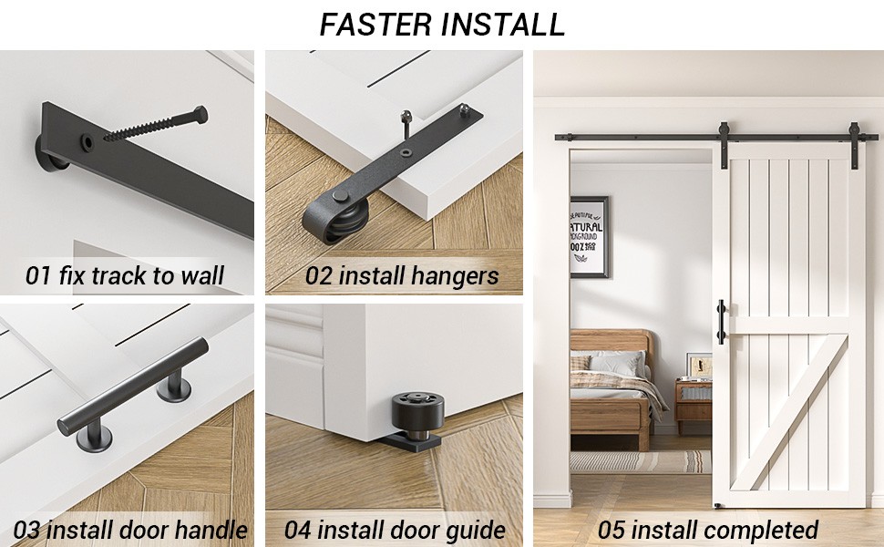 6FT Sliding barn door hardware kit & 9.5''Handle, Adjustable floor guide
