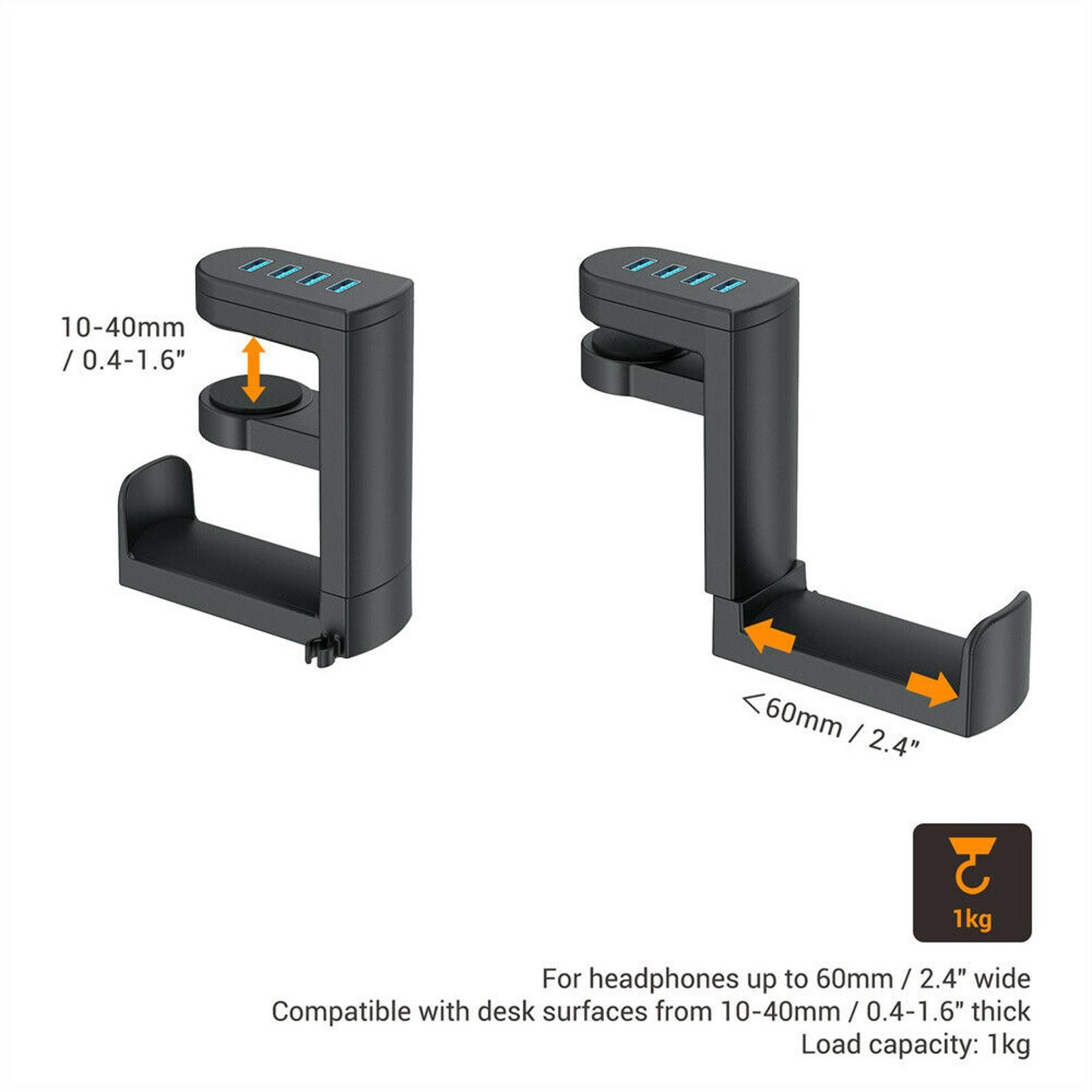 360° Rotation Headset Holder Earphone Storage Hook Stand 4-Port USB Data Hub vv