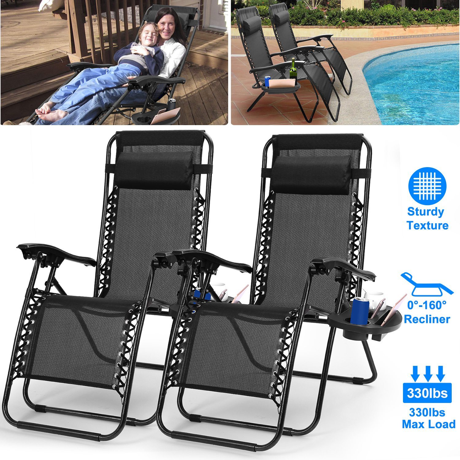 2 Pack Gravity Chairs Folding Patio Lounge Beach Outdoor Recliner with Side Tray
