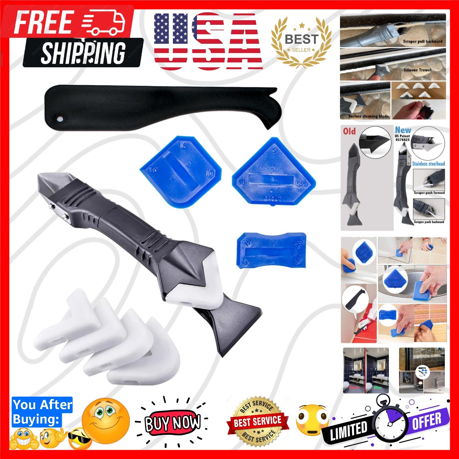 3 in 1 Silicone Caulking Tools（Stainless Steelhead）, Sealant Finishing Tool G...