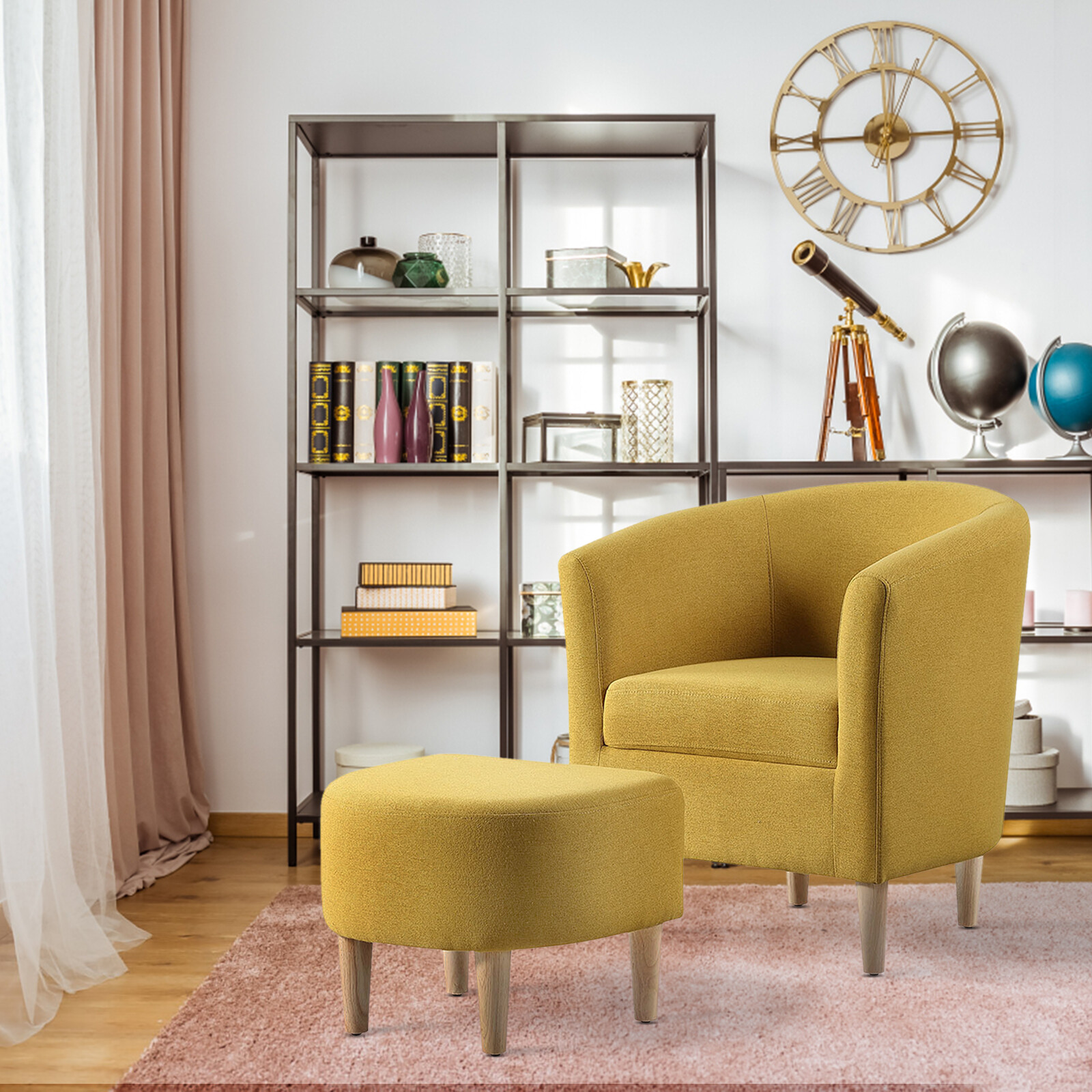 Yellow Accent Chair w/ Ottoman Set Modern Lounge Arm Chair Living Room Chair