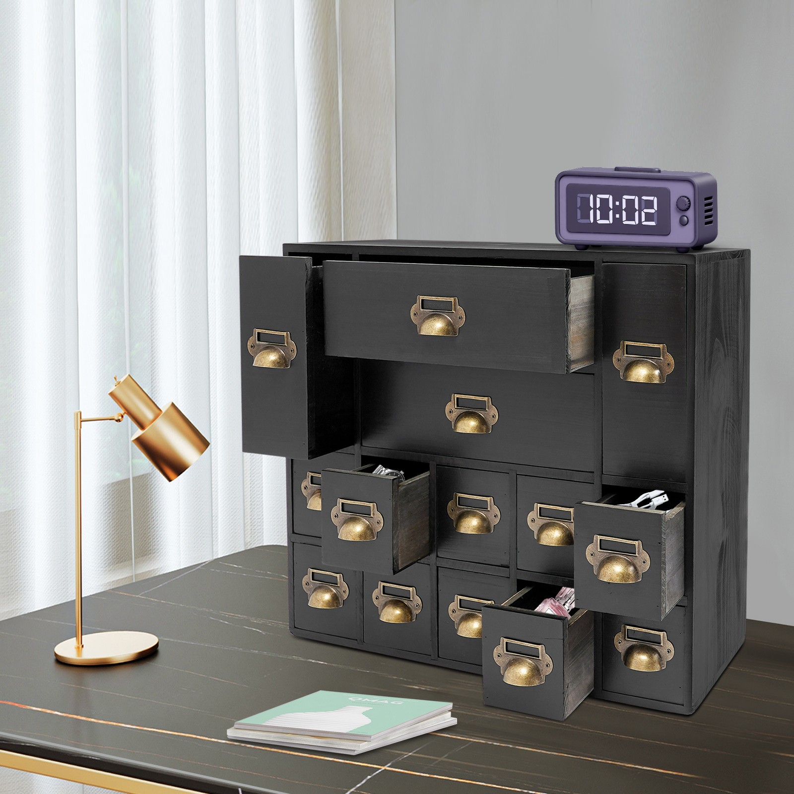 Storage Cabinet with 14 Drawers Tabletop Organizer Drawers Storage Cabinet Black