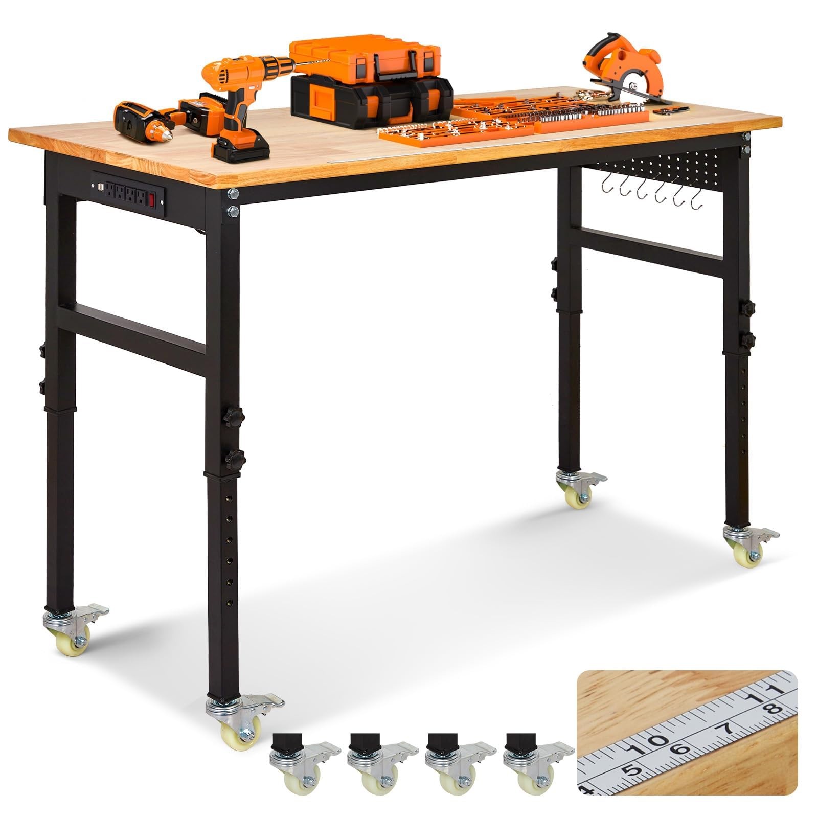Adjustable Workbench with Power Outlets & Pegboard ,Heavy Duty Rubber Wood Table
