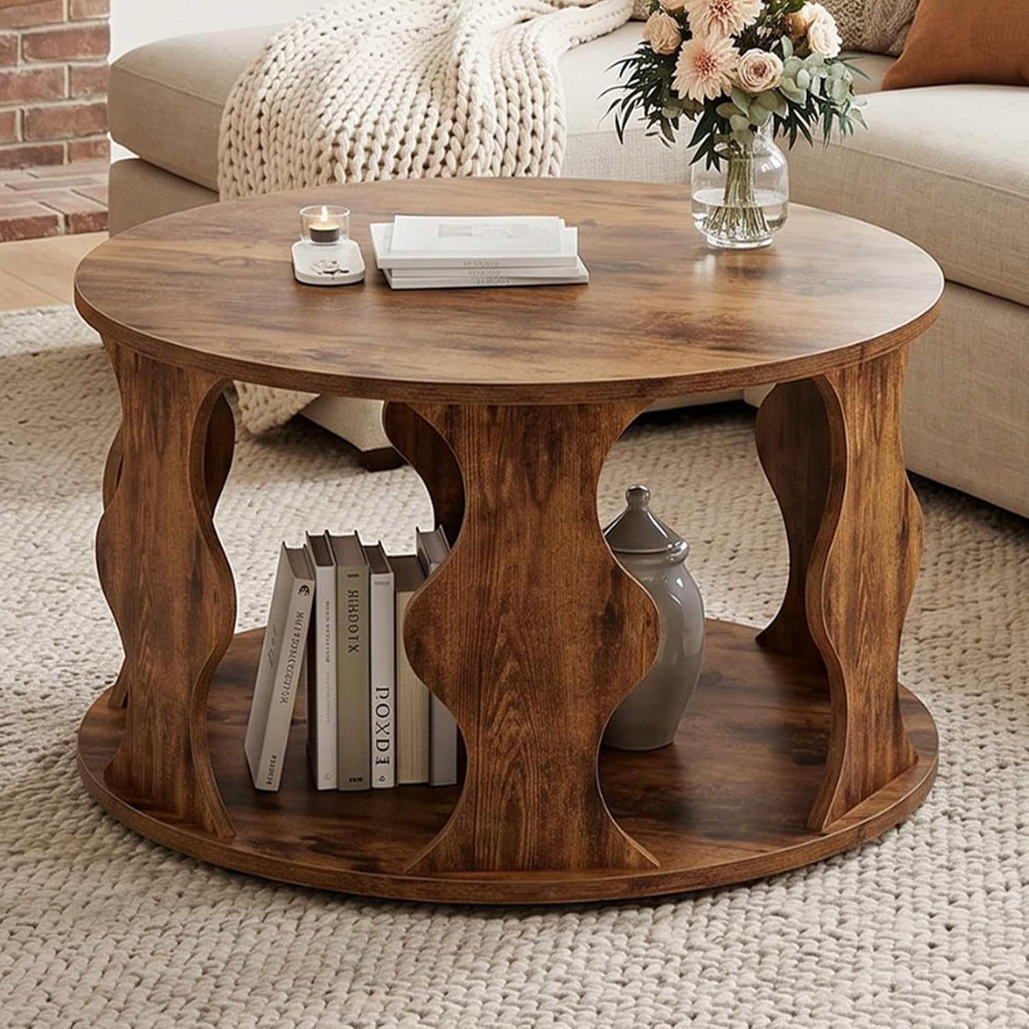 round Coffee Table with Storage, Wood Coffee Table, Rustic Brown | Farmhouse Sma