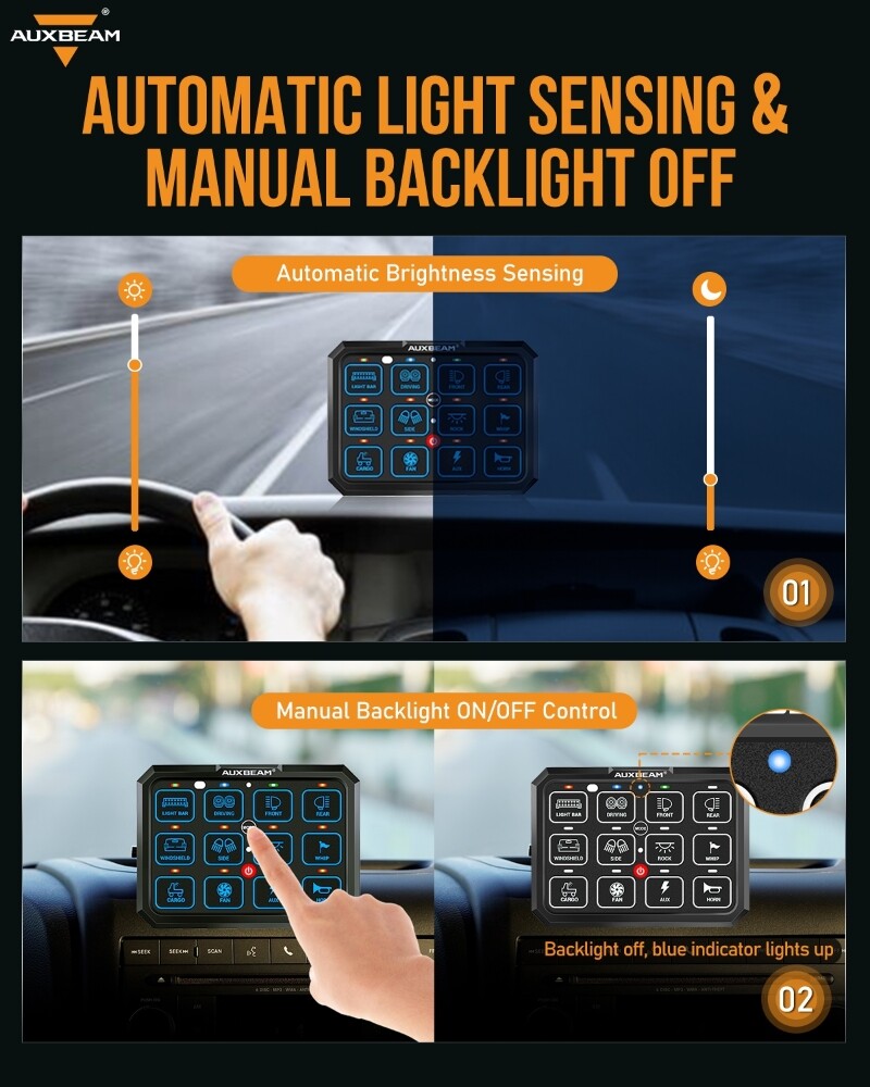 AUXBEAM RB120 12 Gang RGB Switch Panel LED Touch Switch Panel Circuit Controller