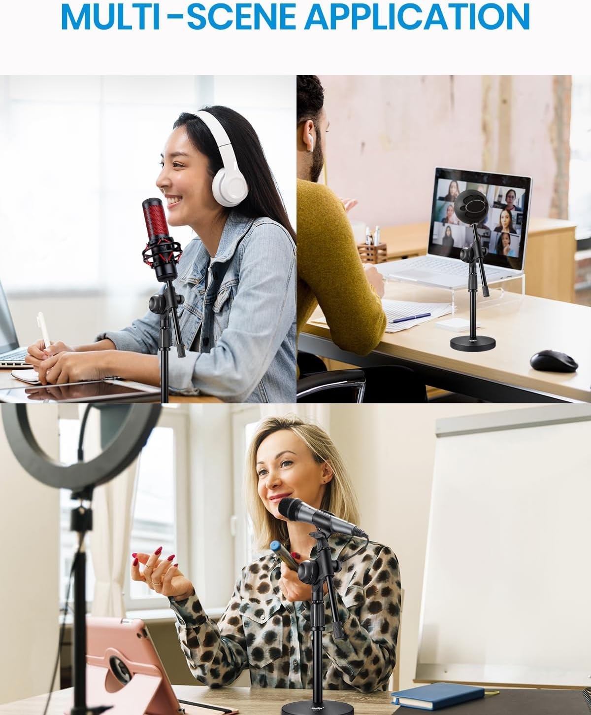 Moukey Mic Stand Desk Adjustable Tabletop Microphone Stand with Non-Slip Mic Cli