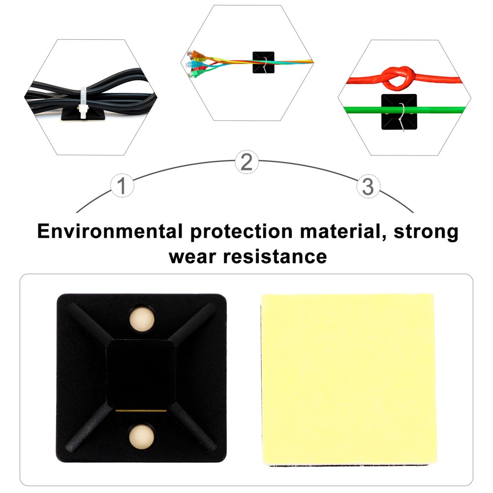 100pcs Square Self-Adhesive Cable Tie Mount Base Wire Cable Organizer (Black)