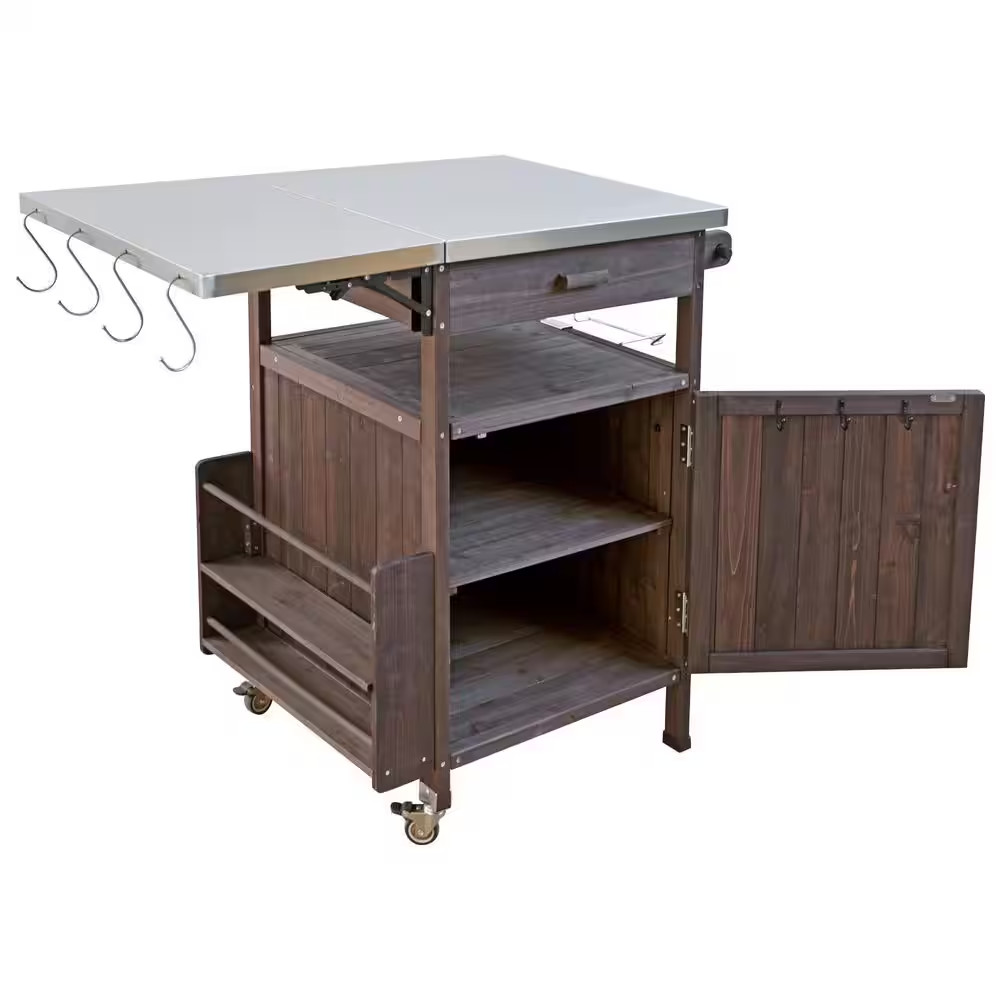 Patio Grill Table 40.5 In. H X 21 In. D X 36.25 In. W Brown Wood Stainless Steel