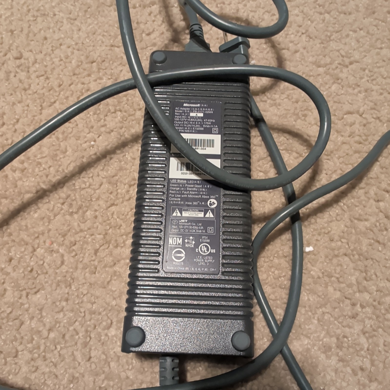 Microsoft Xbox 360/360 S AC Power Adapter Gray 6ft LED PB-2171-10MX