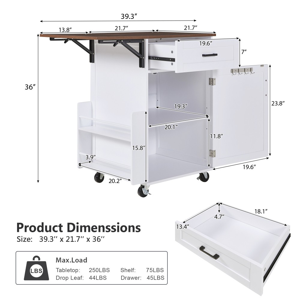 39.3" Farmhouse Kitchen Island with Drop Leaf, Kitchen Storage Island