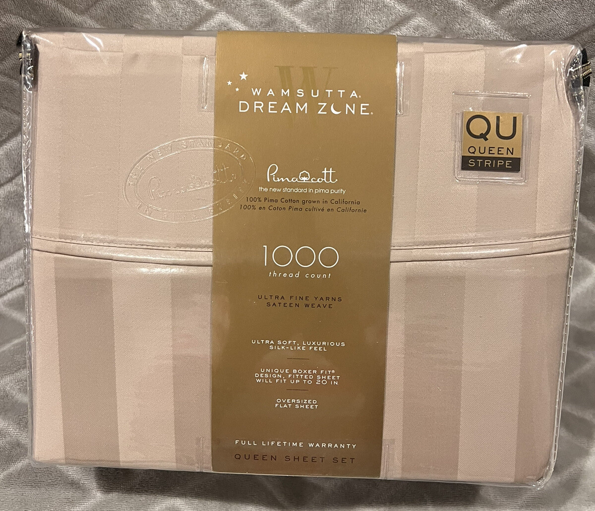 AUTHENTIC Wamsutta Dream Zone 1000-TC PimaCott Queen Sheet Set Stripe Taupe
