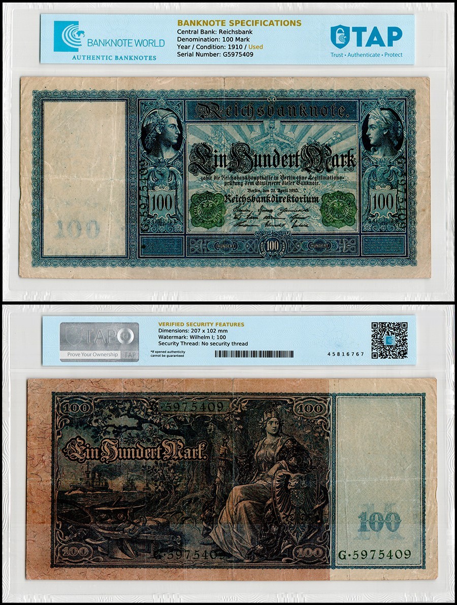 Germany 100 Mark, 1910, P-43, Used, TAP Authenticated