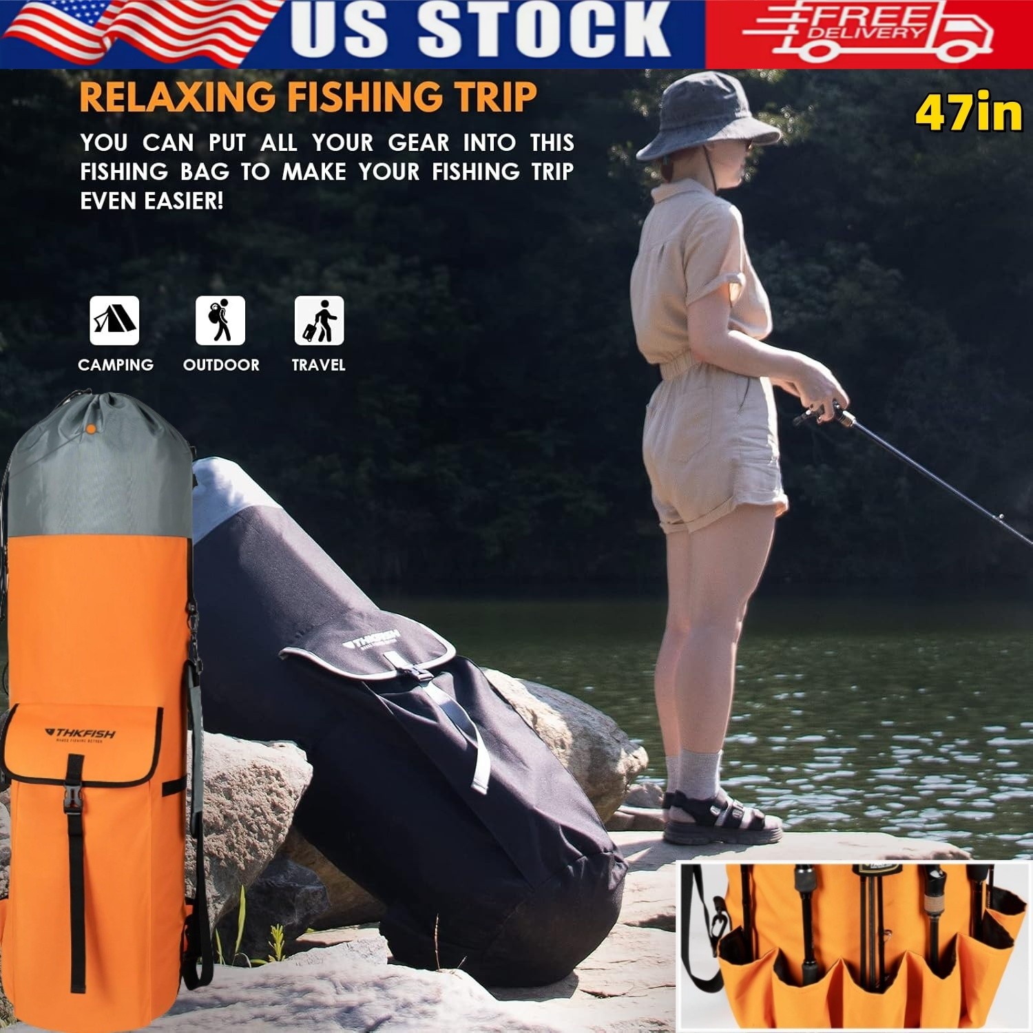 Thkfish Portable Fishing Rod Case Multifunction 6 Fishing Pole Bag Waterproof US