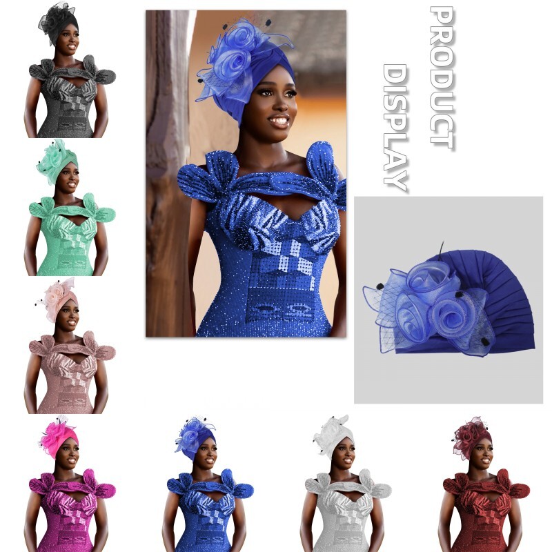 Muslim Mesh Feather Headwear Bonnet Hat Retro Big Flower Hijabs Cap Women Turban