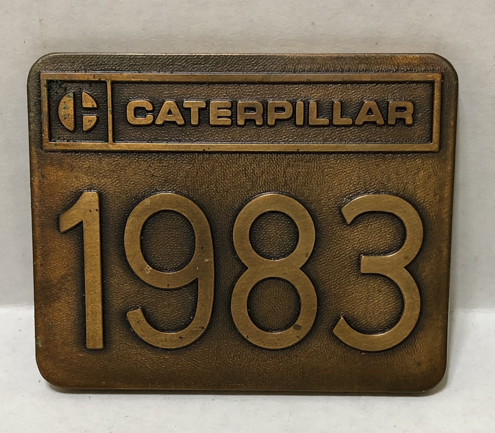 Vintage 1983 CATERPILLAR Brass Advertising Badge / LARGE Pin Back