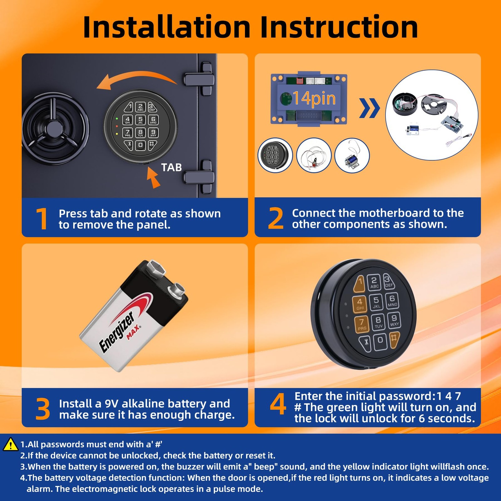 Electronic Safe Lock Replacement Keypad with Solenoid Lock, Gun Black
