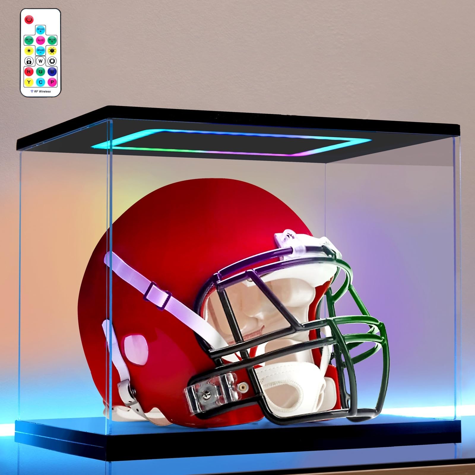 Football Helmet Display Case with Light, Multiple Color Lights Dustproof Prot...