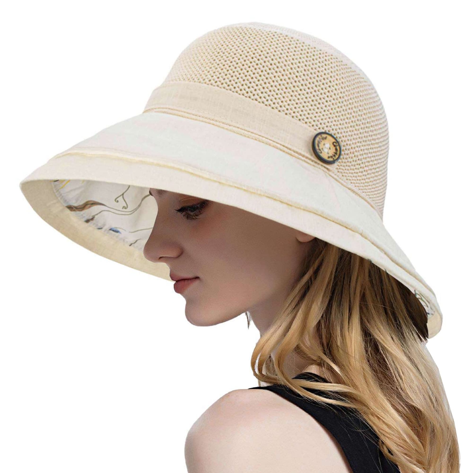 Mesh-Breathable Sun-Hat for WomenFloral Wide-Brim Beach Bucket Hat with Detac...