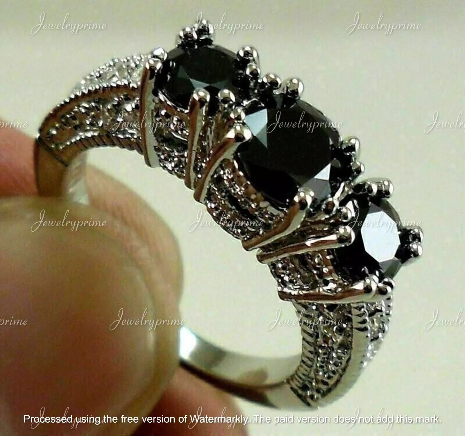 2Ct Round Cut Lab Created Black Diamond 3 Stone Ring 14k White Gold Plated