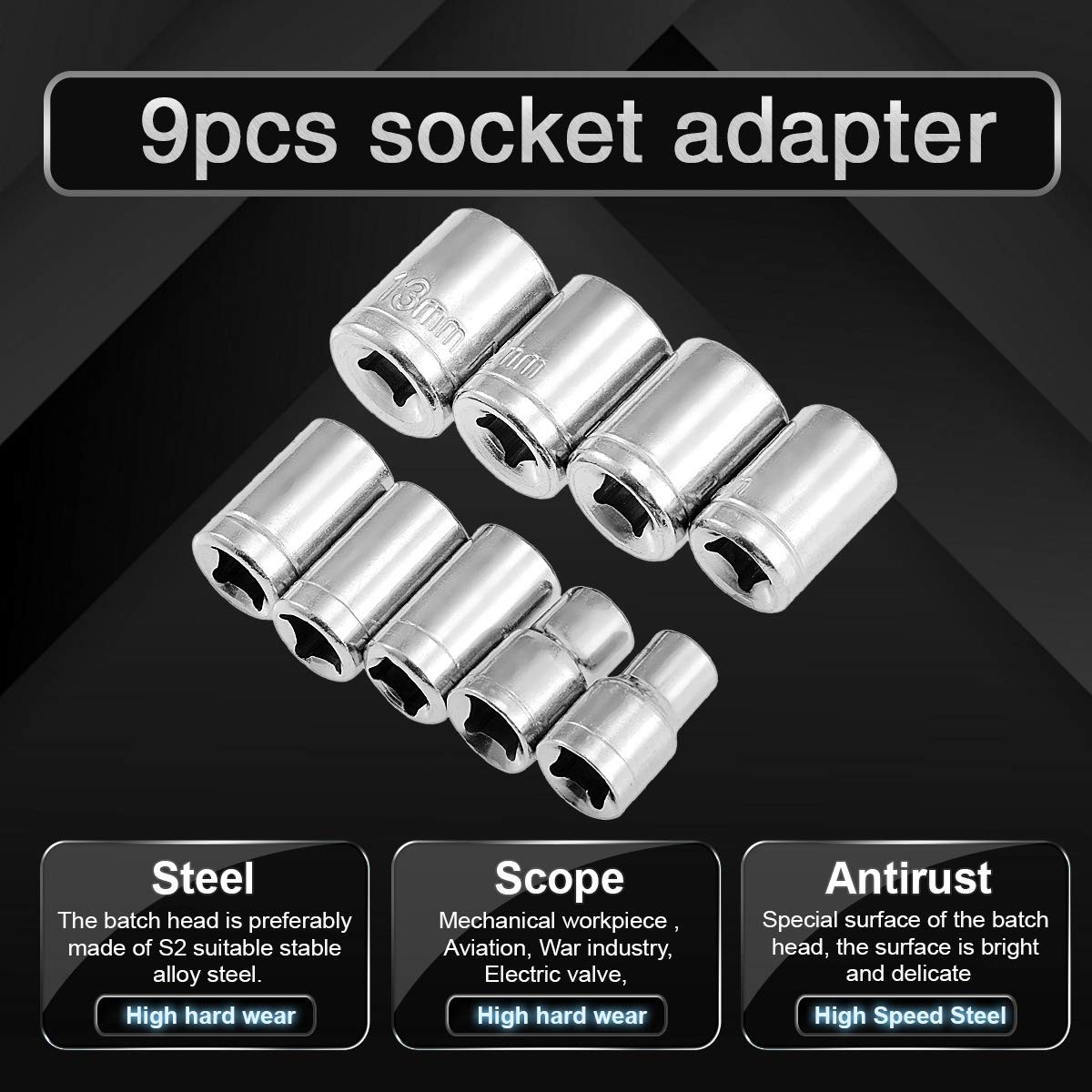 9PCS Impact Adapter and Reducer Set Socket Reducer Adapters Ratchet Socket Ad...