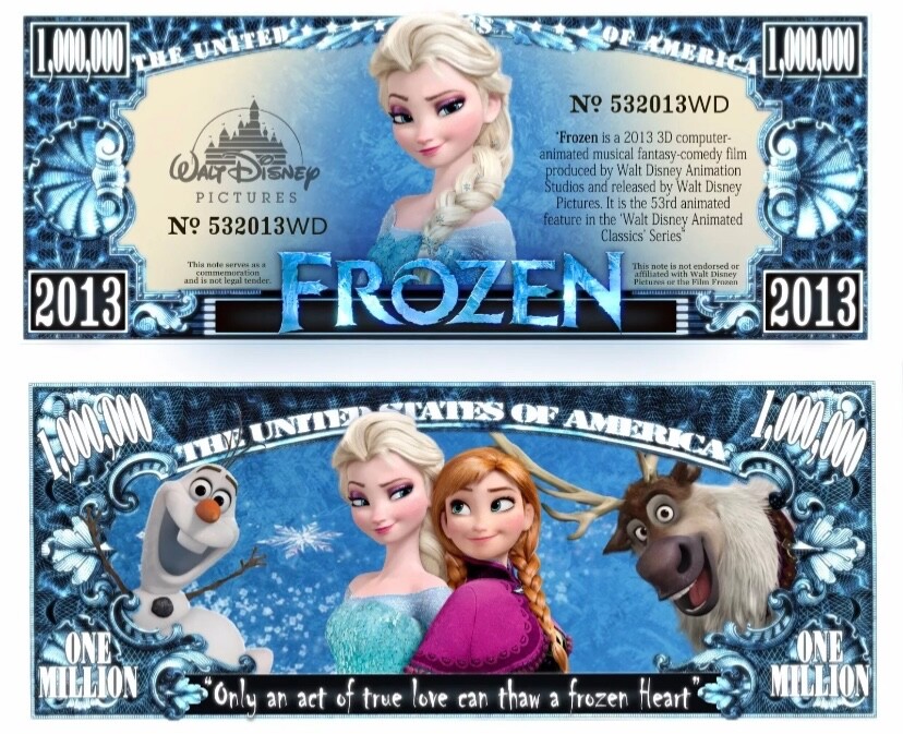 50 Pack Disney's Frozen Elsa Collectible Money Novelty 1 Million Dollar Bills