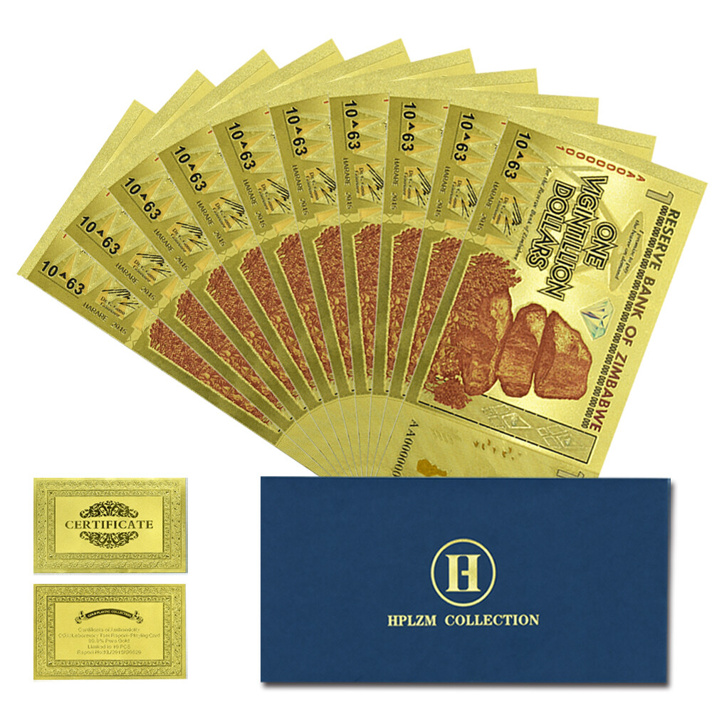 10pcs Zimbabwe One Vigintillion Dollars Gold Foil Plastic Banknotes with UV Bill