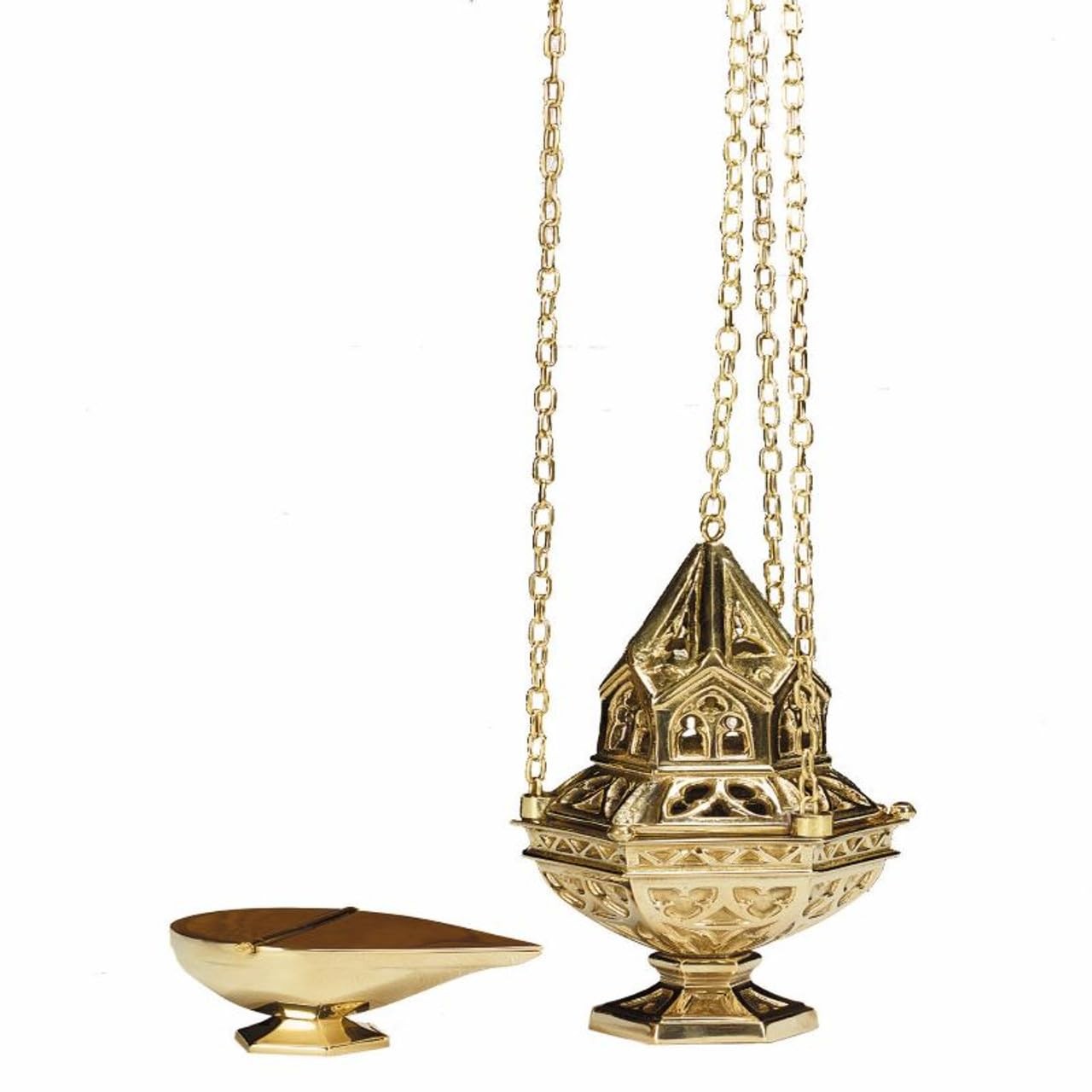 Autom Sacred Vessel 10" Brass Ornate Censer on 36" Chain with Incense Boat Set