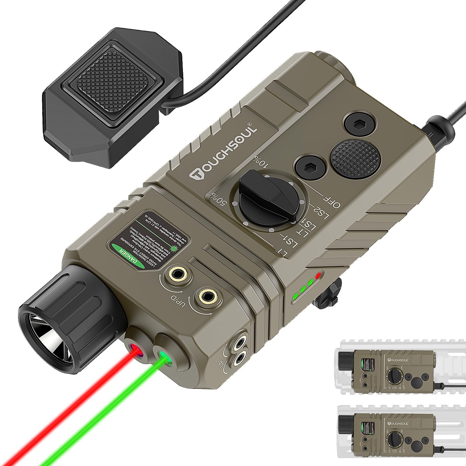 Tactical Flashlight with Green/Red Laser, 1600 Lumen Rifle Light, Remote Switch
