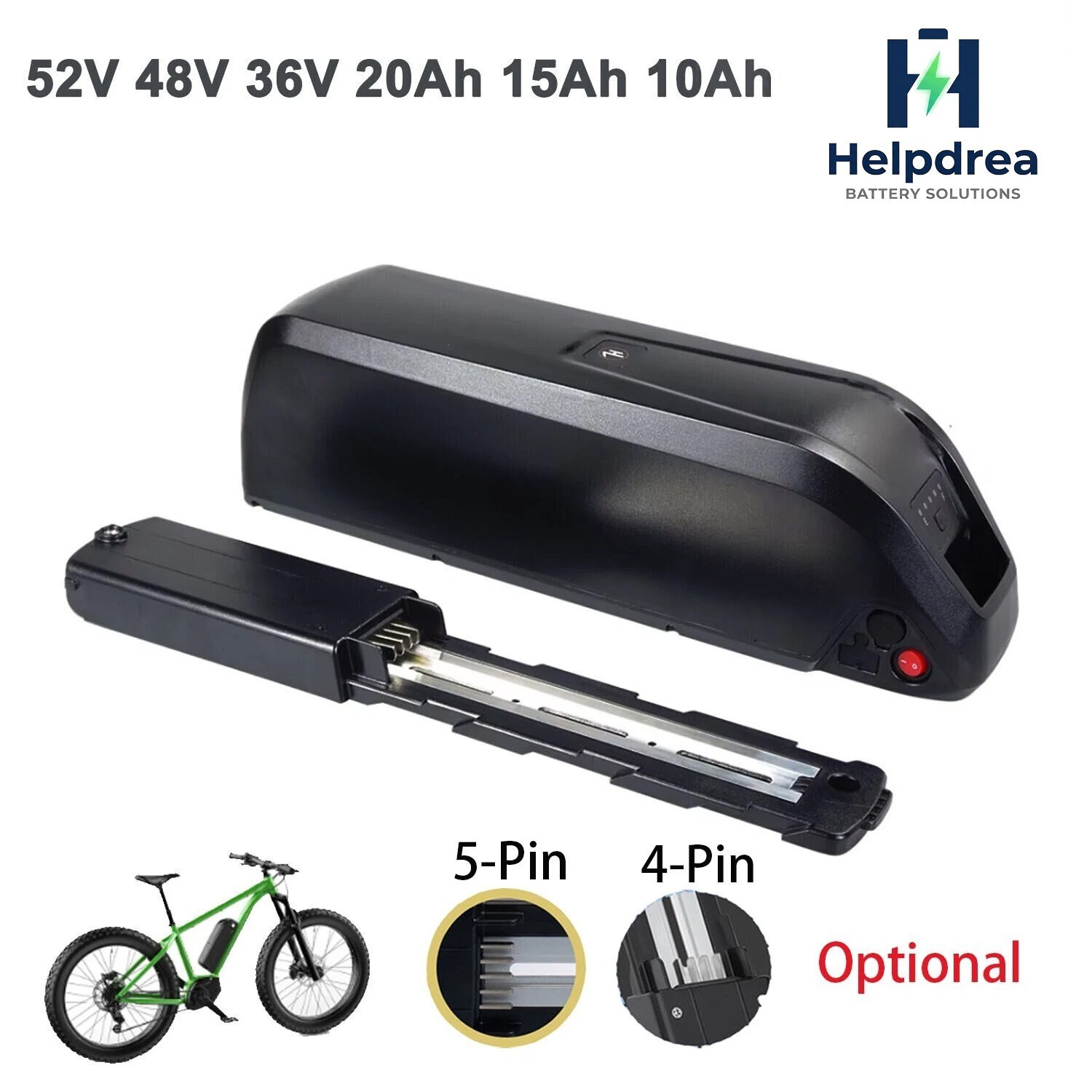 Ebike Battery 52V 48V 36V 10Ah 15Ah 20Ah Electric BiKE Scooter Battery Black