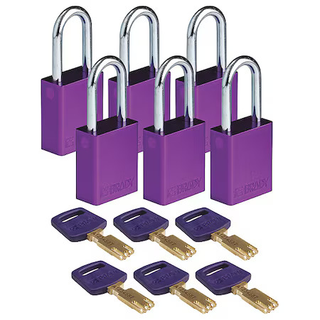 Brady Alu-Prp-38St-Ka6pk Lockout Padlock, Keyed Alike, Aluminum, Purple, 1 1/2
