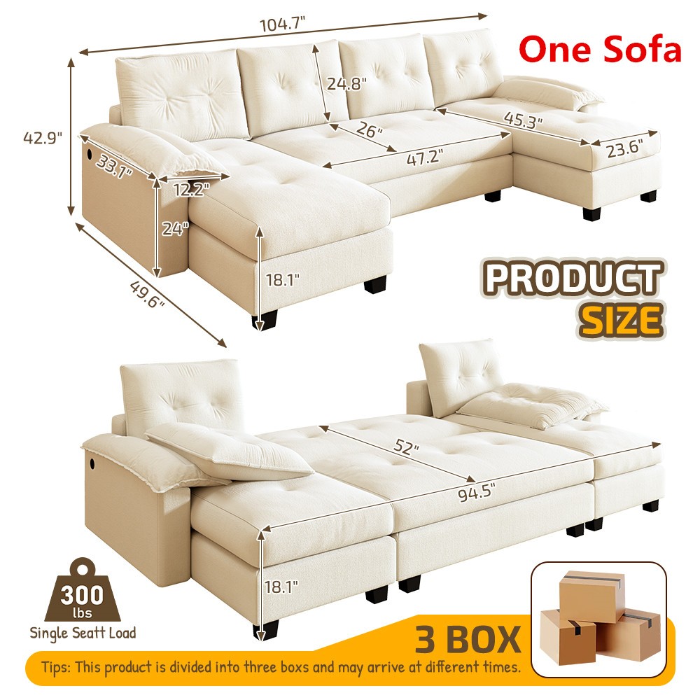 Sleeper Sofa w/Pull Out Bed, U-Shaped Sofa 2 in 1 Convertible Couch Bed Lounge