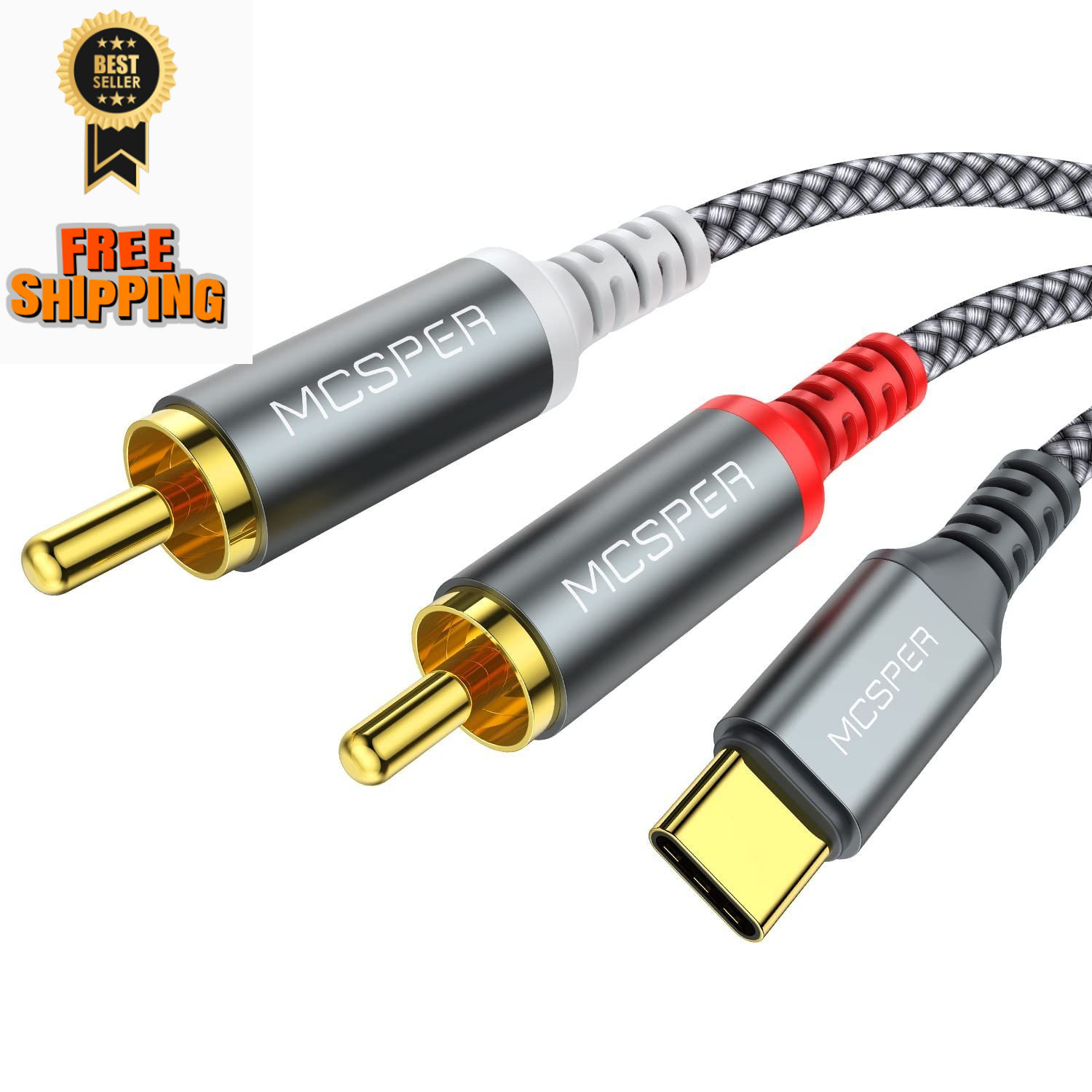 USB C to 2 RCA Audio Cable, 6.6 Ft Type-C Male feet, Grey