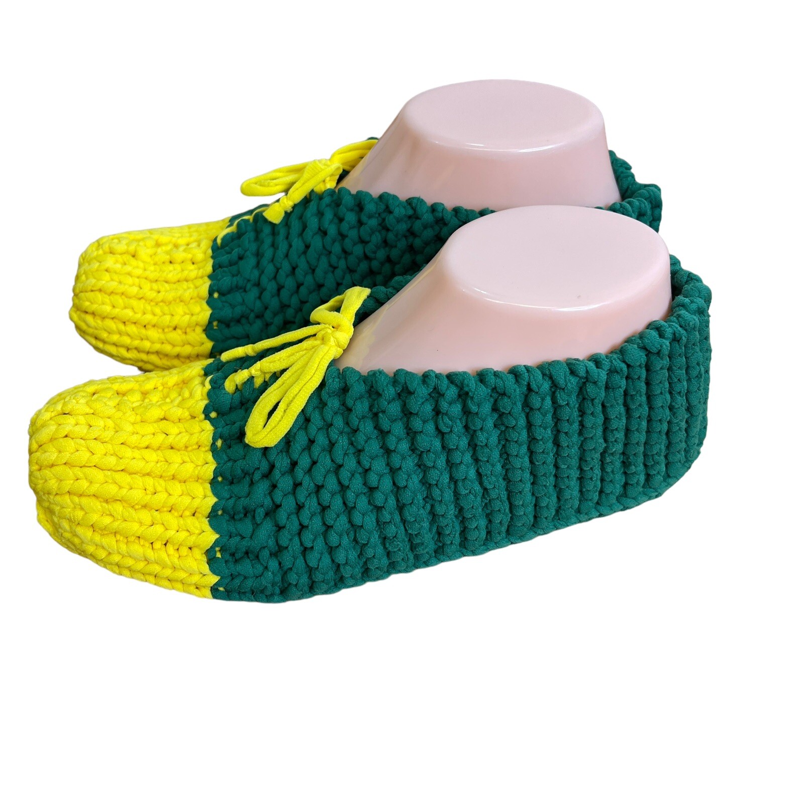 Handmade Crocheted Slippers Green Yellow (GBPackers)8-9.5" long foot Women Youth