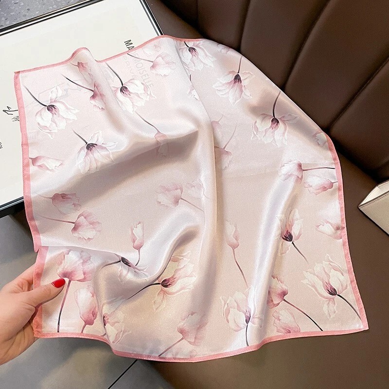 100% Silk Small Square Scarf Women Neckerchief Bandana Wrap Pink Flowers 53*53cm