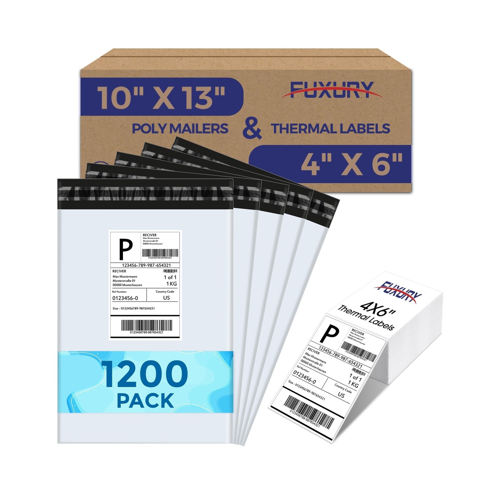 Fuxury 1200 Pcs 10x13" Poly Mailers with 4x6" Thermal Labels, Waterproof Mail...