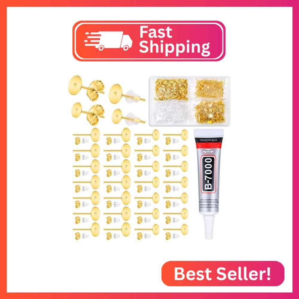 Evatage Jewelry Glue with 1002Pcs Stainless Steel Earring Posts and Backs, Gold